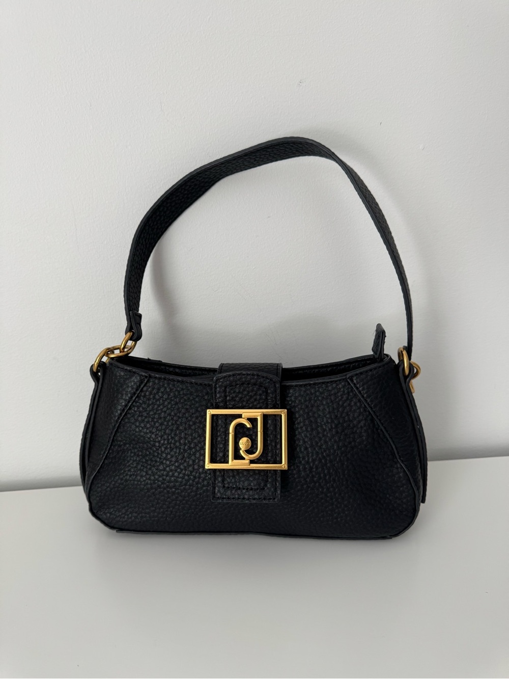 Liu Jo Baguette Black Pebbled Shoulder Bag with Gold Logo Buckle